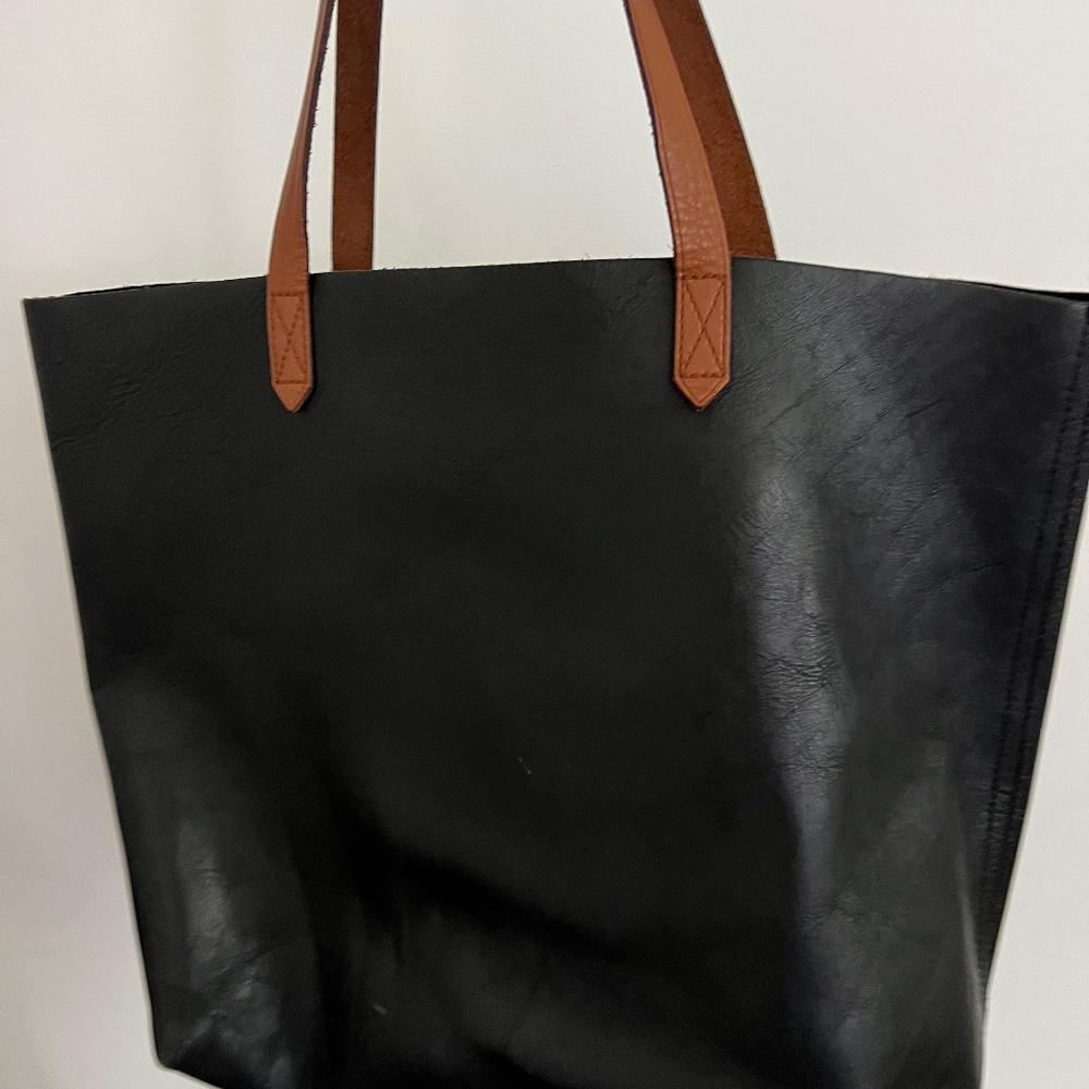 Madewell Transport Leather Tote in Black with Brown Handles